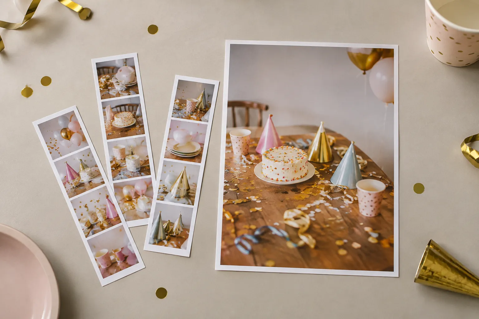 Drie fotostrips en een grotere afdruk van een lege feesttafel liggen op een neutrale tafel