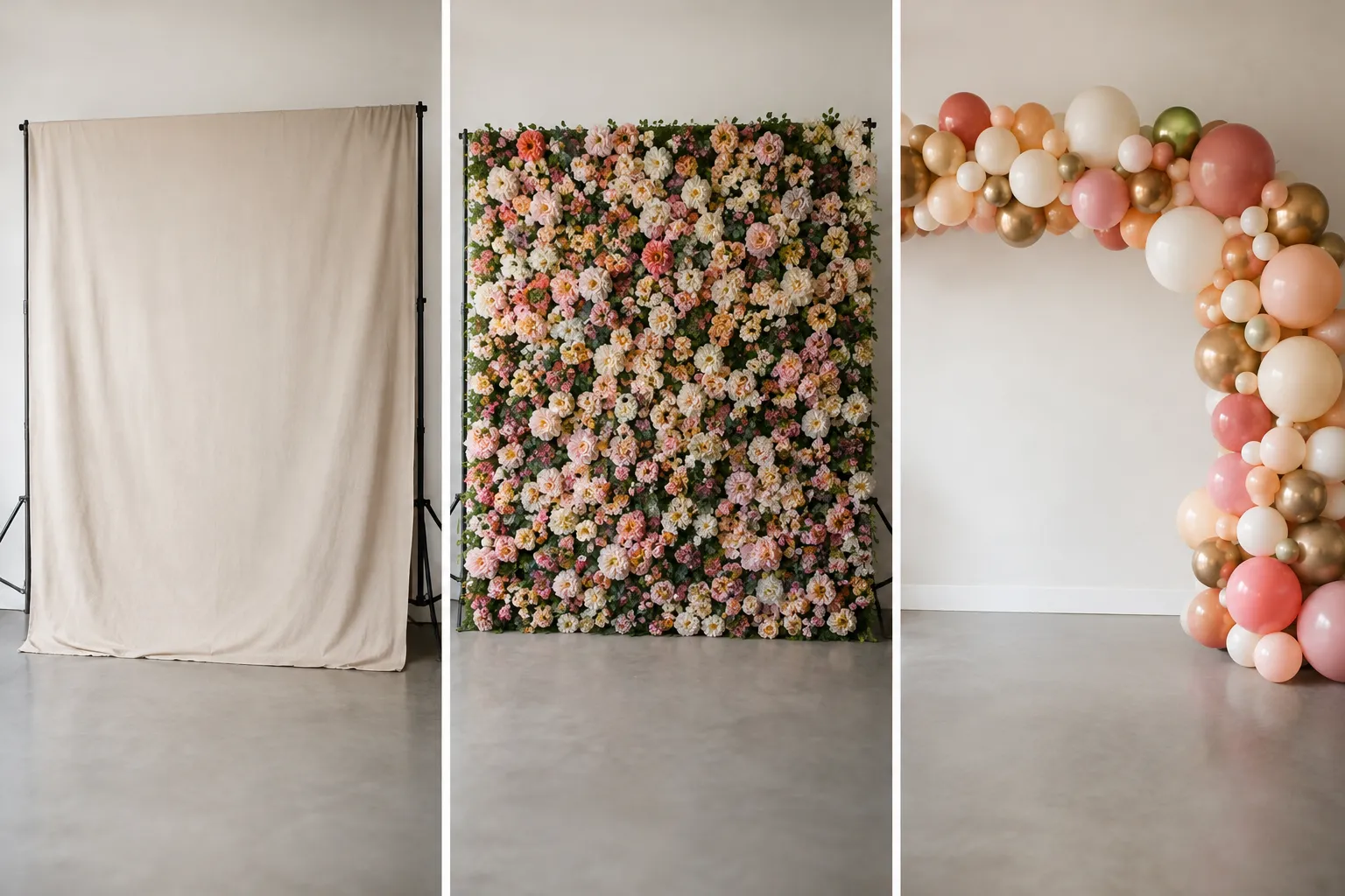 Drieluik met een matte beige stoffen achtergrond, een dichte bloemenwand en een boog van pastelkleurige ballonnen