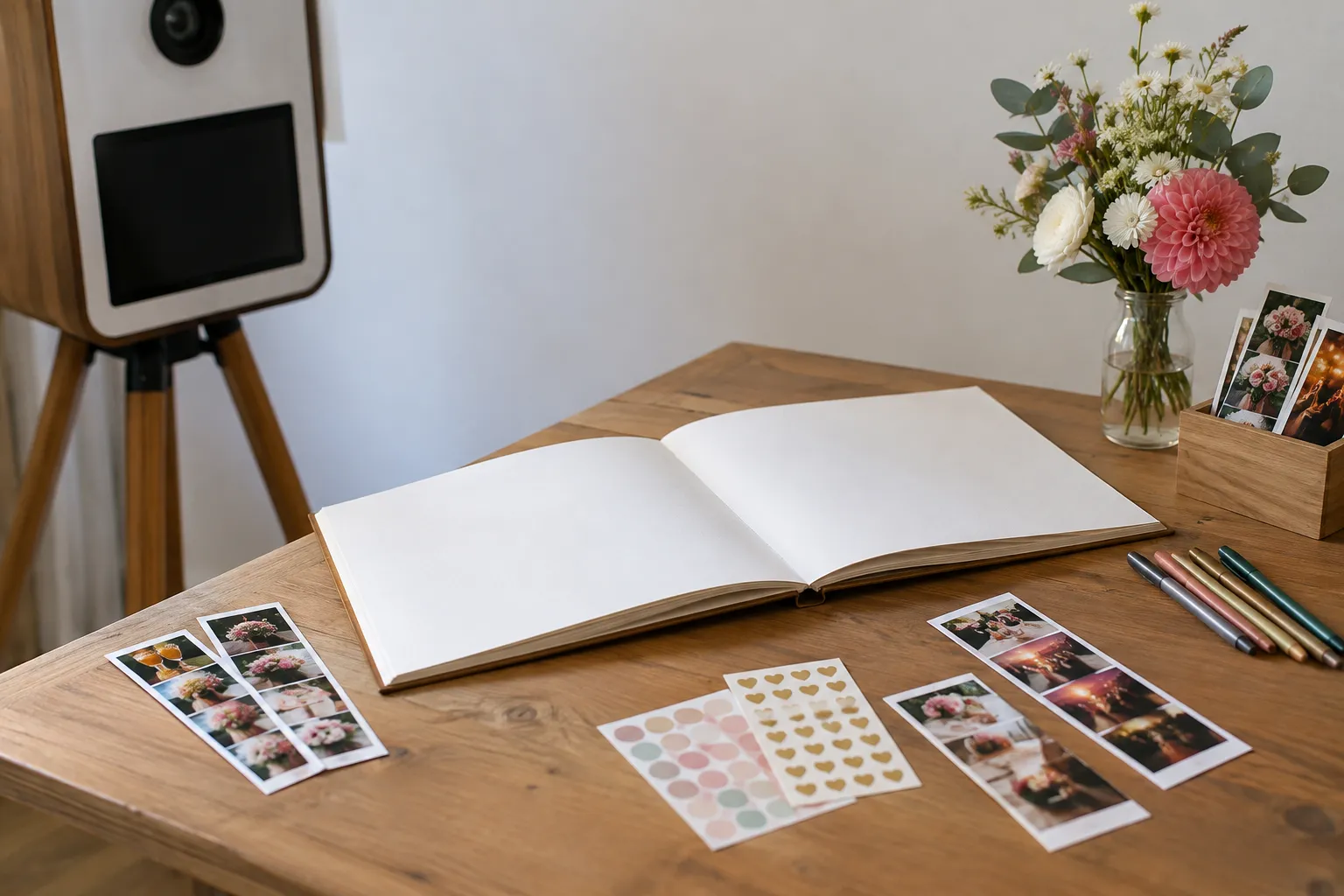 Inplaktafel met album, fotostrips en pennen naast een photobooth