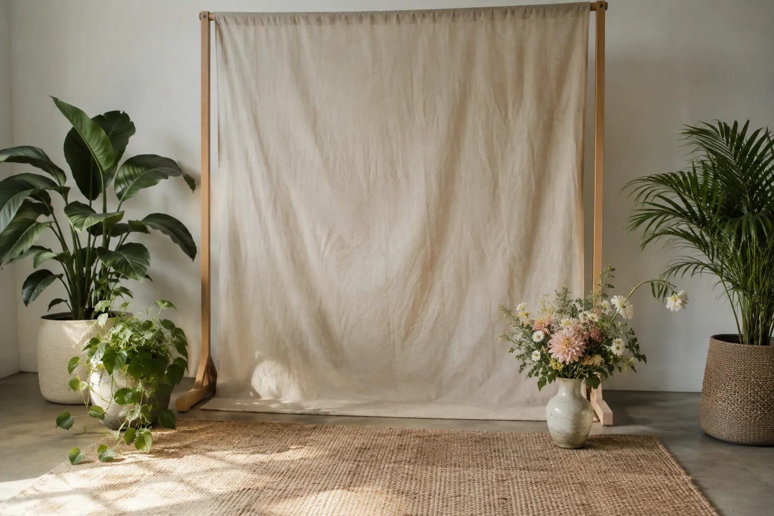 Een leeg fotohoekje met een beige doek op een houten frame, potplanten, een vaas bloemen en een geweven kleed