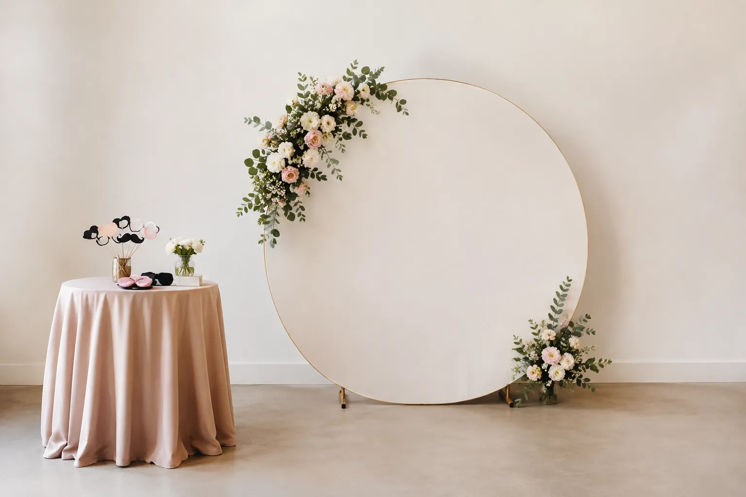 Lege trouwfotohoek met een ronde lichte achtergrond, bloemen en een roze gedekt tafeltje met fotoaccessoires