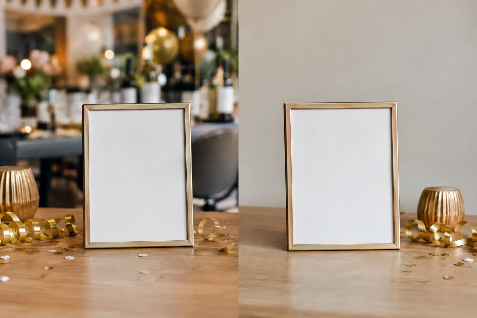 Twee lege gouden lijsten op een feestelijk versierde tafel, links voor een drukke zaal en rechts voor een effen wand