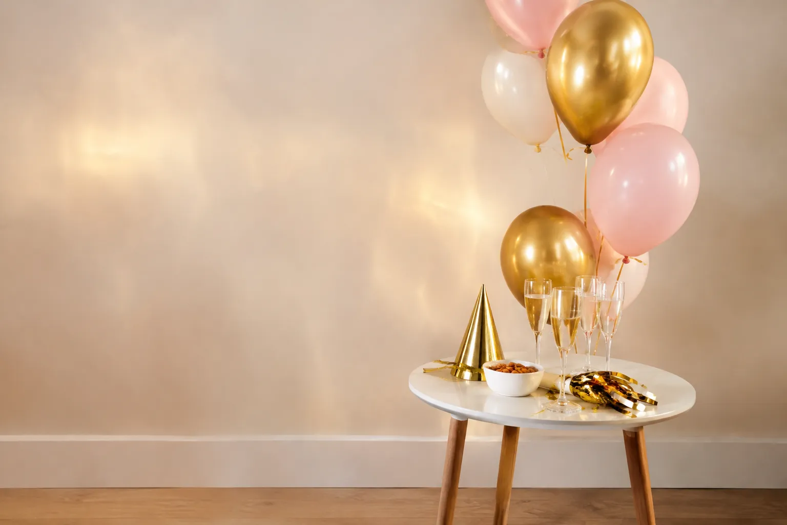 Een wit tafeltje met feesthoed, champagneglazen en snacks staat naast roze, witte en gouden ballonnen